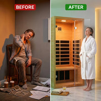 1 Person Extendable FAR Infrared Sauna for Home, Hemlock Wood Low EMF 6 Carbon Heaters Indoor Saunas with LED Lights, Bluetooth Speaker, Digital Control Panel, and Seating Bench — Before & After