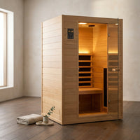 1 Person Extendable FAR Infrared Sauna for Home, Hemlock Wood Low EMF 6 Carbon Heaters Indoor Saunas with LED Lights, Bluetooth Speaker, Digital Control Panel, and Seating Bench — Studio Shot