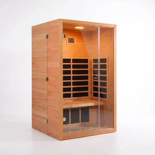 1 Person Extendable FAR Infrared Sauna for Home, Hemlock Wood Low EMF 6 Carbon Heaters Indoor Saunas with LED Lights, Bluetooth Speaker, Digital Control Panel, and Seating Bench — Studio Shot