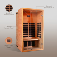 1 Person Extendable FAR Infrared Sauna for Home, Hemlock Wood Low EMF 6 Carbon Heaters Indoor Saunas with LED Lights, Bluetooth Speaker, Digital Control Panel, and Seating Bench — infographic