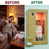 2024 Upgrade 1 to 2 Person Infrared Sauna, Low EMF Infrared Sauna for Home, Indoor Sauna Room, Hemlock Wooden Far Infrared Sauna, Dry Sauna with Bluetooth Speakers, LED Reading and Chromotherapy Lamp — Before & After