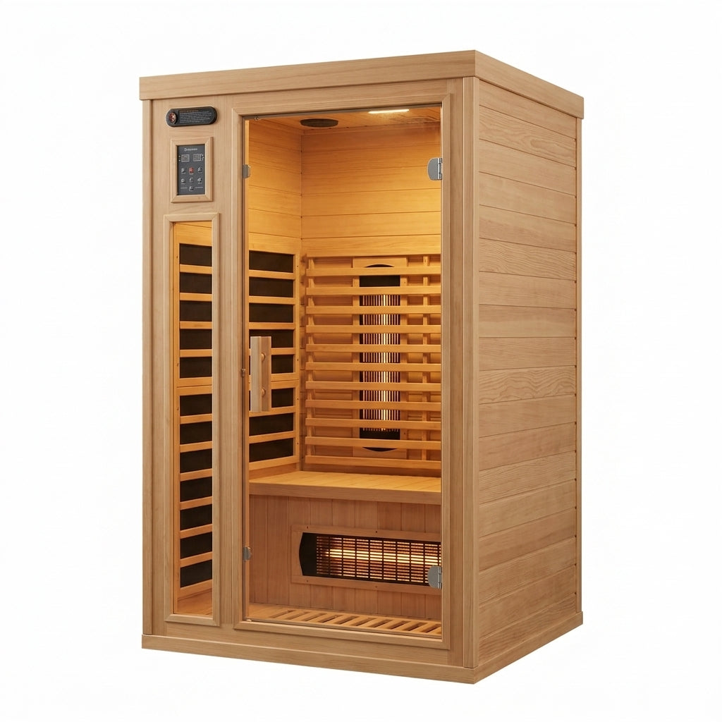 2024 Upgrade 1 to 2 Person Infrared Sauna, Low EMF Infrared Sauna for Home, Indoor Sauna Room, Hemlock Wooden Far Infrared Sauna, Dry Sauna with Bluetooth Speakers, LED Reading and Chromotherapy Lamp — Studio Shot