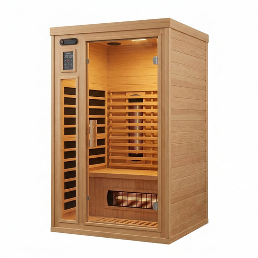 2024 Upgrade 1 to 2 Person Infrared Sauna, Low EMF Infrared Sauna for Home, Indoor Sauna Room, Hemlock Wooden Far Infrared Sauna, Dry Sauna with Bluetooth Speakers, LED Reading and Chromotherapy Lamp — Studio Shot