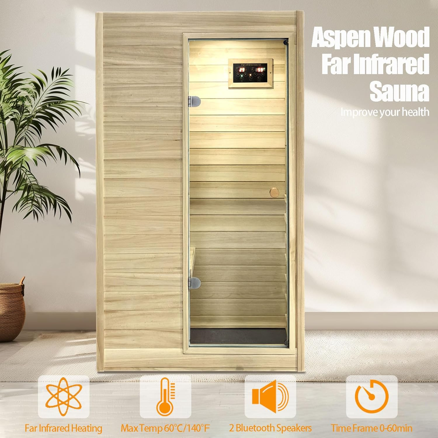 Far Infrared Sauna European Aspen Wood 1 Person Infrared Sauna for Home 905W Low EMF Mini Indoor Sauna with Bluetooth Speakers, Right Door