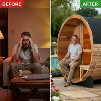 6-Person Patchworkred Cedar Traditional Steam Barrel Sauna — Before & After