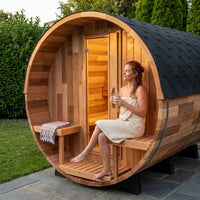 6-Person Patchworkred Cedar Traditional Steam Barrel Sauna — Lifestyle