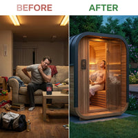 Backyard Discovery Lennon 2-4 Person Traditional Cedar Outdoor Cube Sauna with Porch, Electric Sauna Heater, Sauna Rocks, Dry Heat, Steam Sauna, LED Lights, Wi-Fi Control, Sauna Accessories — Before & After