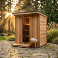 Backyard Discovery Lennon 2-4 Person Traditional Cedar Outdoor Cube Sauna with Porch, Electric Sauna Heater, Sauna Rocks, Dry Heat, Steam Sauna, LED Lights, Wi-Fi Control, Sauna Accessories — Studio Shot