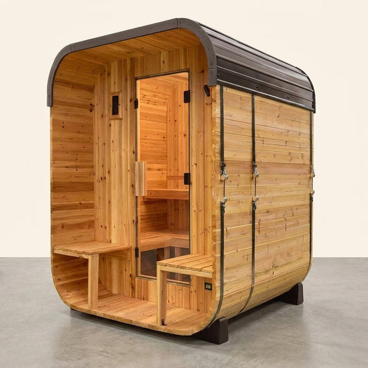 Backyard Discovery Lennon 2-4 Person Traditional Cedar Outdoor Cube Sauna with Porch, Electric Sauna Heater, Sauna Rocks, Dry Heat, Steam Sauna, LED Lights, Wi-Fi Control, Sauna Accessories — Studio Shot