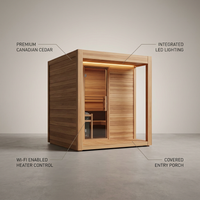 Backyard Discovery Lennon 2-4 Person Traditional Cedar Outdoor Cube Sauna with Porch, Electric Sauna Heater, Sauna Rocks, Dry Heat, Steam Sauna, LED Lights, Wi-Fi Control, Sauna Accessories — infographic