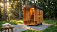 Backyard Discovery Lennon 2-4 Person Traditional Cedar Outdoor Cube Sauna with Porch, Electric Sauna Heater, Sauna Rocks, Dry Heat, Steam Sauna, LED Lights, Wi-Fi Control, Sauna Accessories — Lifestyle