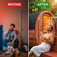 Traditional Barrel Sauna Built for Home Wellness, 6-Person Cedar, Steam Heat, 1800mm Diameter — Before & After