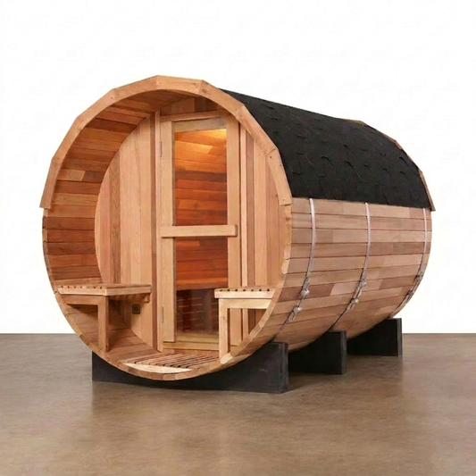 Traditional Barrel Sauna Built for Home Wellness, 6-Person Cedar, Steam Heat, 1800mm Diameter — Studio Shot